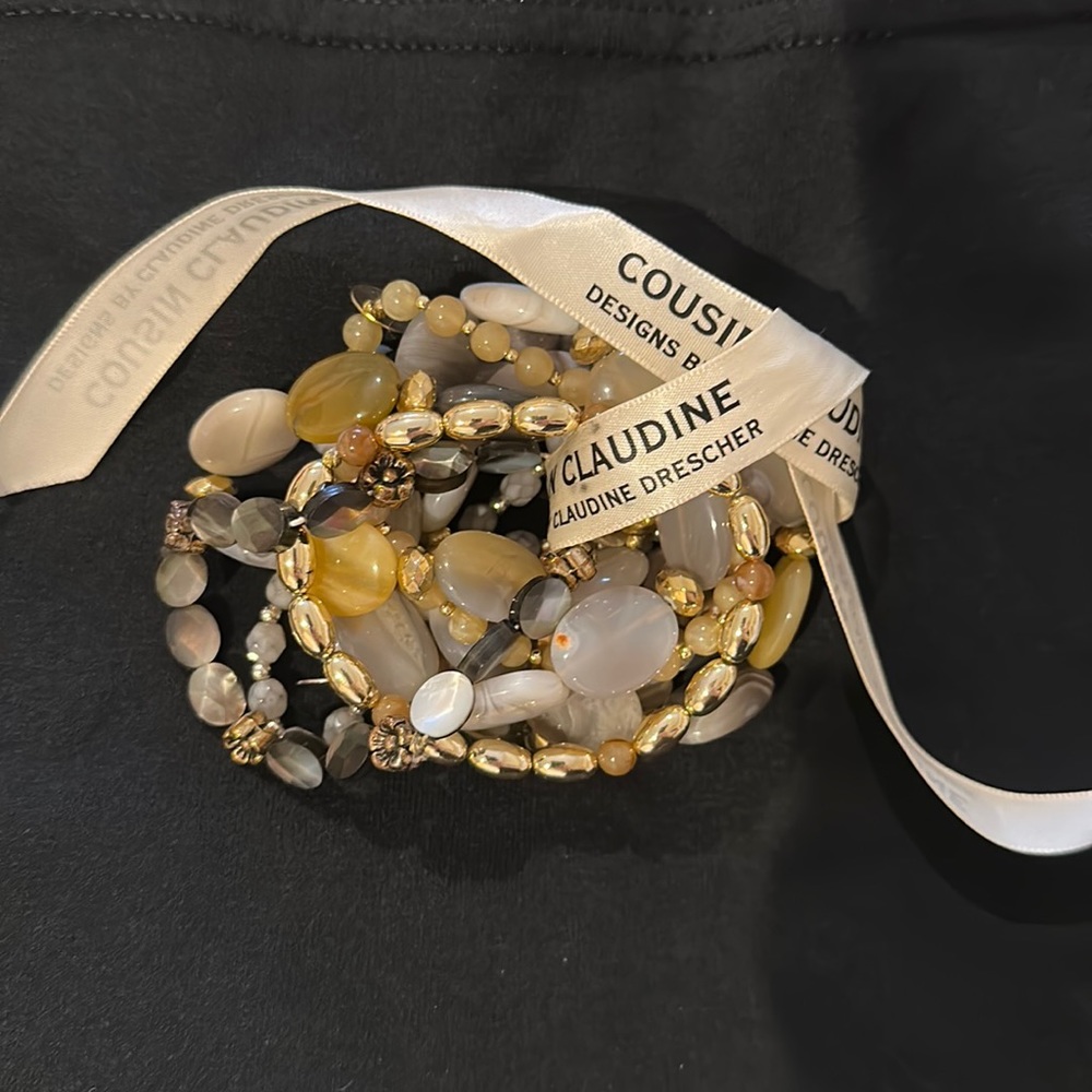 Cousin Claudine grey, brown and gold beaded bracelet set.  10 pieces.